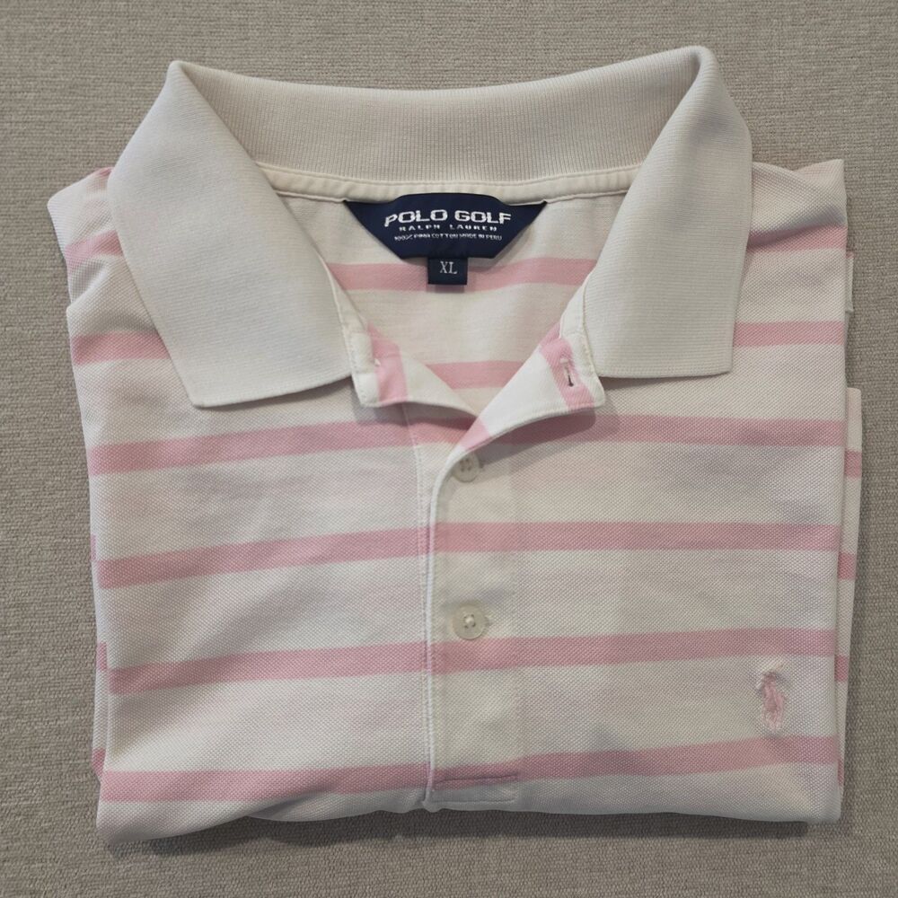Polo Golf Ralph Lauren Men XL Pink White Stripe Short Sleeve Cotton Polo Shirt
